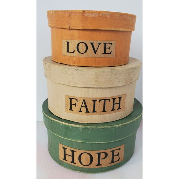 3 Wooden Boxes Farm house Home Decor Nesting Stacking Faith Hope Love Primitive - Picture 2 of 9